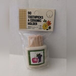 Vintage Travco toothpicks with holder. New old stock. Apple and grapes